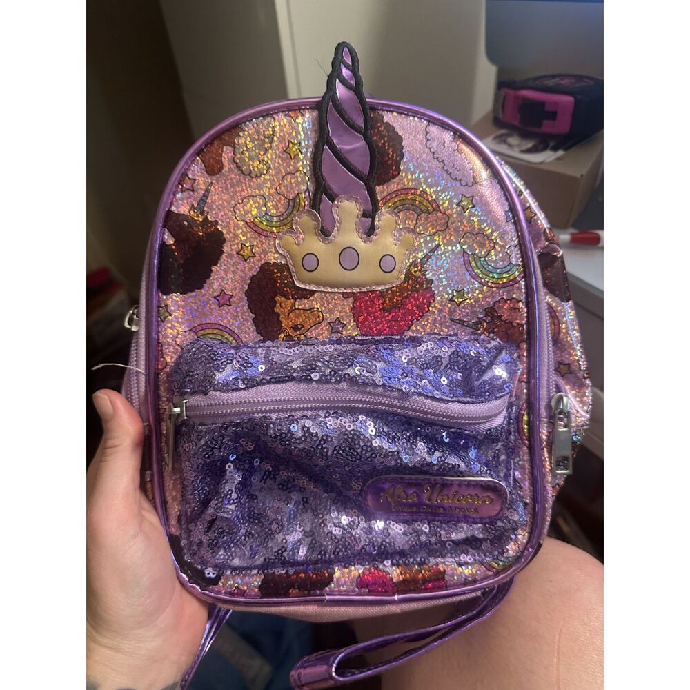 Afro Unicorn Purple Sparkly Mini Backpack